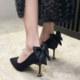 法式单鞋女6cm小跟气质伴娘8cm细跟蝴蝶结，绒面中跟尖头黑色高跟鞋
