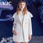 vjc威杰思秋冬女装米白大衣羊毛，双面呢可拆卸披肩外套