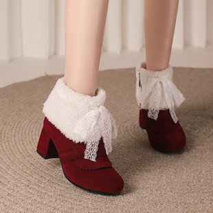冬季汉服中华可爱雪地靴高跟毛绒面复古英伦风lolita雕花短靴保暖