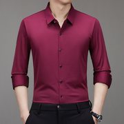 秋季长袖男士春秋红色结婚免烫休闲纯色，衬衣黑色薄款宽松型衬衫