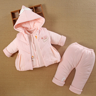 0一1岁女宝宝秋冬装外出分体款外套装女婴儿服夹加厚棉衣三件套季