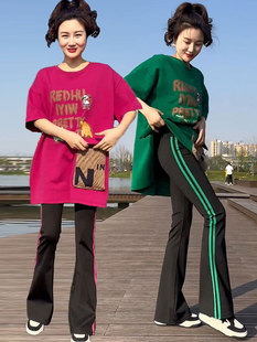 大码运动休闲套装女2024夏装中长款字母短袖，t恤芭比裤两件套