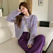 春浅紫色混色短款毛衣外套女针织衫开衫外穿正肩小众设计感圆领