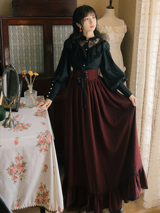 法式欧式宫廷复古长袖蕾丝衬衫，条纹长裙两件套连衣裙暗黑系lolita