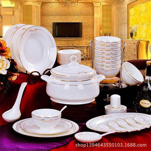 品质骨瓷餐具56头釉，上金镶边商务，碗碟盘套装
