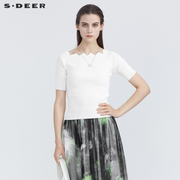 sdeer圣迪奥女装夏装，针织短款上衣一字，领白色中袖针织衫s21283508