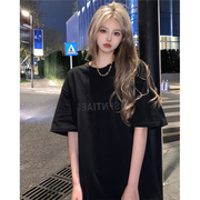 潮牌黑色纯棉短袖t恤女夏2023流行设计感甜酷女装小个子上衣