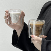 ins创意双层美式果汁杯玻璃杯骷髅头耐高温冰咖啡杯拿铁杯牛奶杯