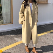 鹅黄色双面羊绒大衣韩式西装，领宽松款单排扣2021冬季赫本风呢子女