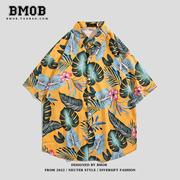 bmob花衬衫男短袖夏威夷休闲夏季薄款潮流，宽松沙滩情侣五分袖衬衣