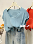 Seoulcp 自留 春天的色彩 韩国彩色羊毛短袖针织衫宽松遮肉上衣女