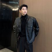 黑色机车皮衣，男短款2023春装韩版潮流帅气皮夹克，修身潮牌外套