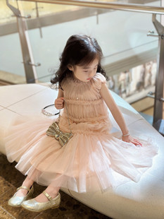 童装定制裸粉蕾丝蛋糕连衣裙，梦幻公主礼服裙，生日节日超仙气质长裙