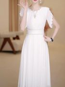 蕾丝镶钻长裙连衣裙女2023夏季名媛短袖大码显瘦白色气质裙子