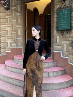 「砌曲横枝」复古新中式，假两件改良旗袍立领长袖小众气质连衣裙女