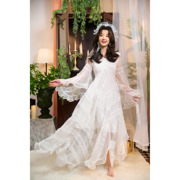 法式白色仙女裙闪光纱镂空拼接蕾丝拖地长裙仙气森系复古连衣裙