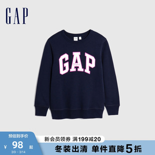 gap女童秋冬季logo洋气抓绒运动卫衣，儿童装休闲圆领上衣793900