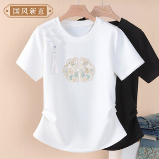 民族风刺绣t恤女短袖，白色圆领设计感图案新中式国风刺绣t恤女