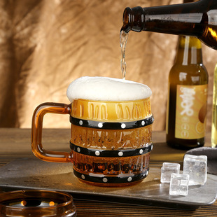 创意海贼王玻璃杯木桶杯加厚带把大容量啤酒杯耐热高硼硅水杯带盖