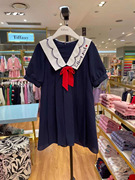 韩国中大童装 夏女童海军风刺绣翻领洋气雪纺连衣裙 百褶裙