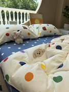 卡通彩色波点狗床上四件套，全棉可爱1.5m1.8米，宿舍被套床单三件套