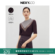 NEXY.CO/奈蔻商场同款秋季设计感拼接条纹套头短袖针织衫女