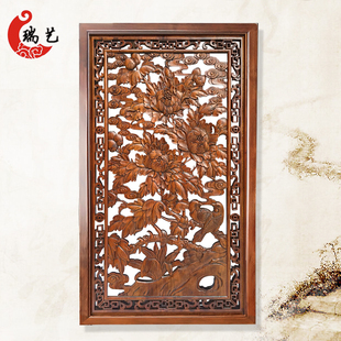 东阳木雕中式壁挂镂空雕刻牡丹花开富贵香樟木实木屏风隔断背景墙