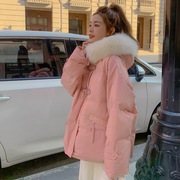奶橘粉色短款羽绒棉服女冬季大毛领加厚棉衣今年流行甜美棉袄外套