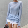 韩国春秋淡蓝色微透超舒适长袖，上衣显瘦基础，打底衫纯色t恤女
