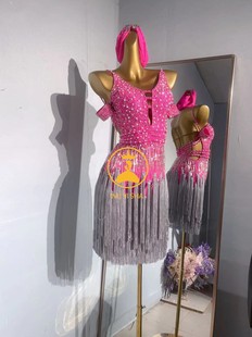粉色拉丁舞比赛表演出服装专业舞蹈连衣裙艺考级花服2496