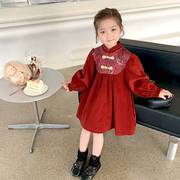 女童连衣裙秋冬款儿童中国风，复古红色灯芯绒裙，子女宝宝旗袍公主裙