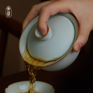 汝窑盖碗茶杯单个大号泡茶碗，景德镇汝瓷三才杯，手工陶瓷茶具冰裂釉