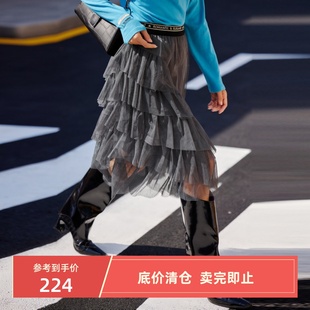 xg雪歌冬季裙子蓬松设计感半身裙烟灰色网纱裙女XH403021A983