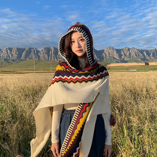 波西米亚披肩异域斗篷女云南旅游草原穿搭拍照保暖毛线连帽子围巾