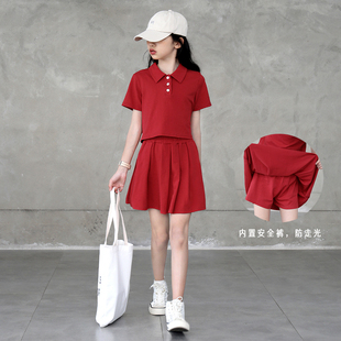 女童运动套装夏季短袖polo衫网球裙短裤红色两件套大童女装棒球服