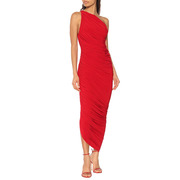 红色单肩长款晚礼服裙女宴会气质高贵优雅简单大方修身褶皱连衣裙