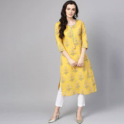印度传统服饰女民族风上衣日常纯棉花卉印花服装薄黄色中长款