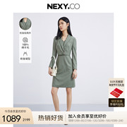 nexy.co奈蔻秋季绿色，职业风时尚假两件100纯绵羊毛连衣裙女