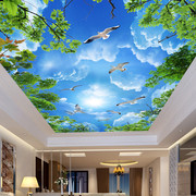 客厅卧室大型天顶3d壁纸吊顶，天花板壁画墙纸画房顶棚绿色风景树枝
