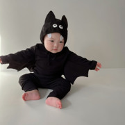 ins款万圣节主题系列蝙蝠造型套装2024秋季款儿童长袖三件套送帽