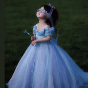儿童礼服蓝色高端公主裙，拖尾女童主持人花童走秀钢琴演奏晚礼服裙