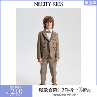 mecity kids童装秋季男童格纹双排扣短款西服夹克外套