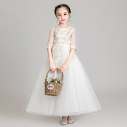 儿童礼服公主裙女童，蓬蓬纱长款花童婚纱主持人，钢琴演出服表演白色