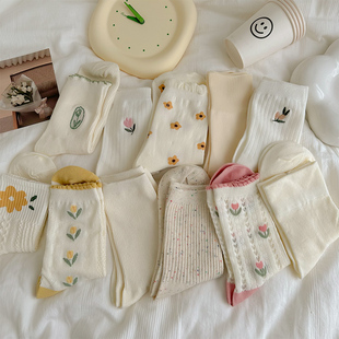 坚果妈咪日系甜美袜，子女中筒袜白色，可爱春秋夏季薄款长筒棉袜