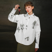 咖沫原创设计印花衬衫女设计感可拆卸袖加厚纯棉长袖衬衣2023