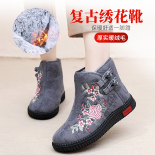 老北京布鞋女棉鞋冬季加绒保暖妈妈鞋复古民族，风绣花鞋短靴奶奶鞋