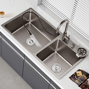 灰304不锈钢双槽水槽厨房加厚台下盆洗菜盆洗碗池洗手池套装深