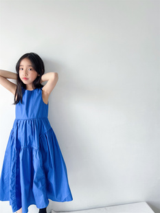 女童夏天穿的裙子时髦中大童气质度假蓝色棉质过膝长款连衣裙韩版