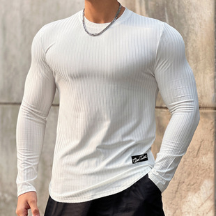 潮牌健身长袖男条纹纯色运动训练跑步圆领，t恤速干弹力打底衫肌肉