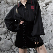 暴杂独立设计原创暗黑哥特少女，玫瑰荆棘刺绣，绑带灯笼袖衬衫
